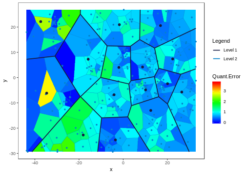 Figure 5: The Voronoi tessellation with the heat map overlaid for variable ’quant_error’ in the ’computers’ dataset