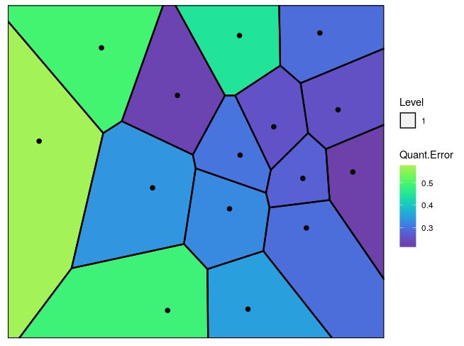 Figure 3: The Voronoi tessellation with the heat map overlayed with variable ’Quant.Error’ in the ’computers’ dataset
