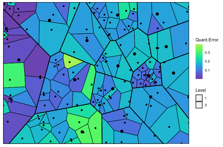 Figure 6: The predicted Voronoi tessellation with the heat map overlayed with variable ’Quant.Error’ in the ’computers’ dataset